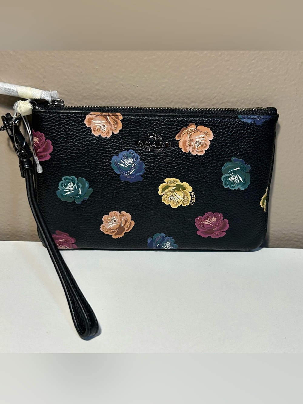 Coach Wristlet Wallet NWT Black Floral Glitter Print